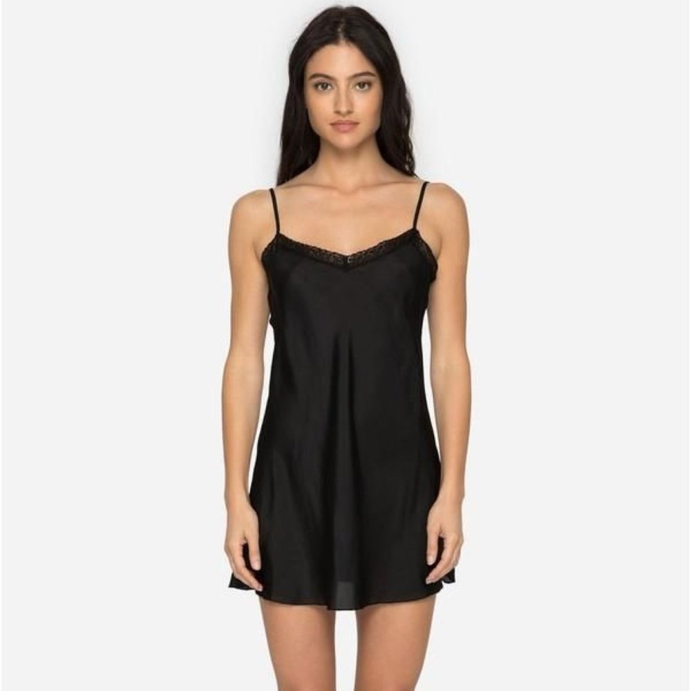 Johnny Was Black Satin Lace-Trim Slip Chemise